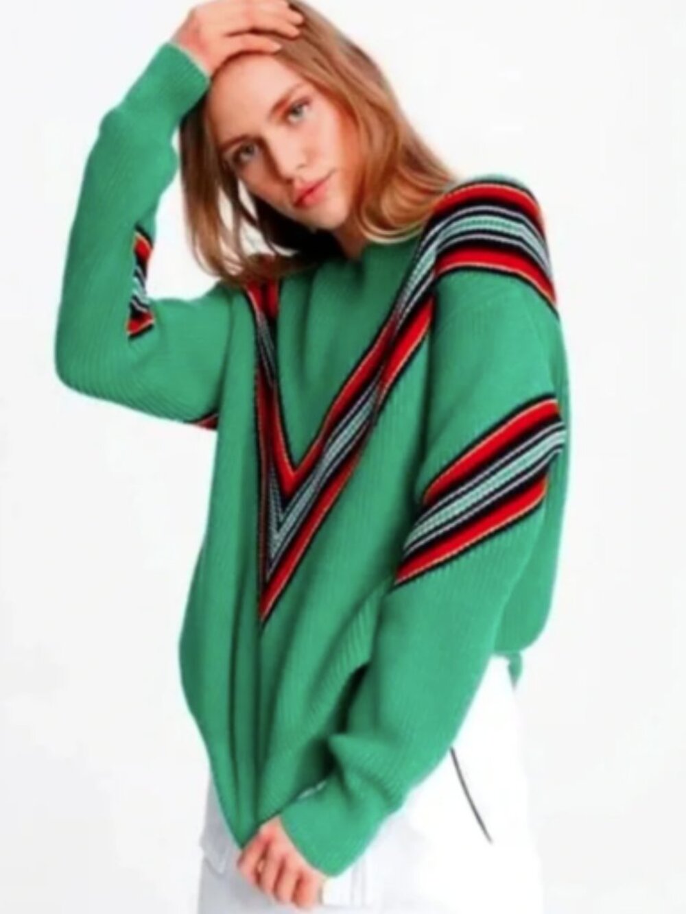 Rag & Bone Alps Cotton Crew Neck Shamrock Green Orange Black V Sweater XS